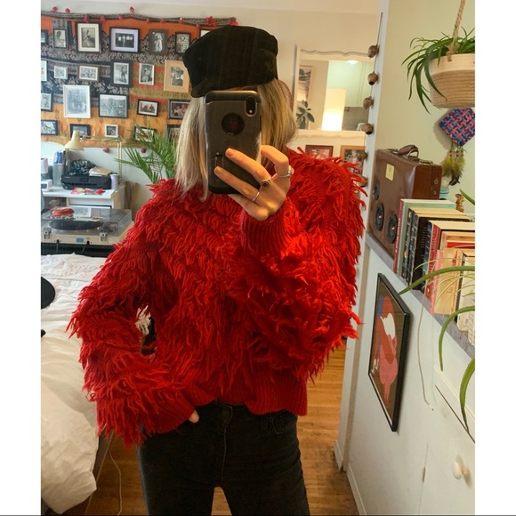 Vintage Tops - Vintage Red Chunky Shaggy Oversized Sweater Jumper